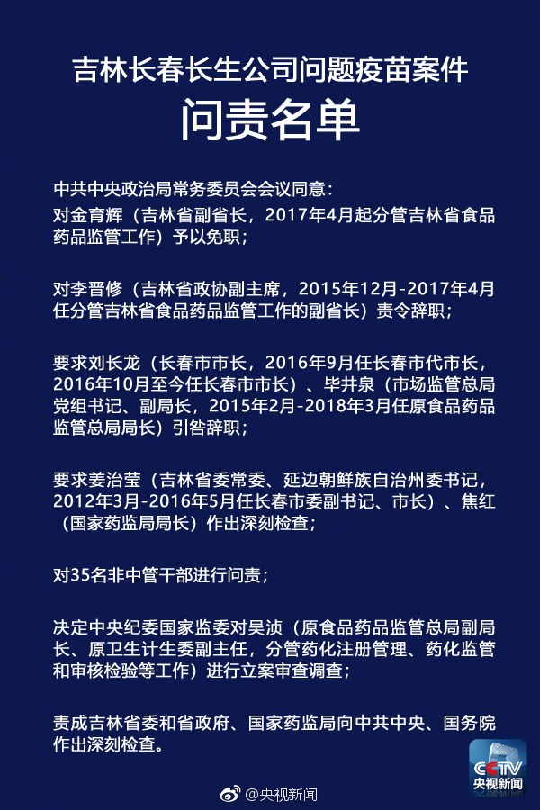 央視：中央政治局聽取長生疫苗門調查報告，嚴肅問責相關人員